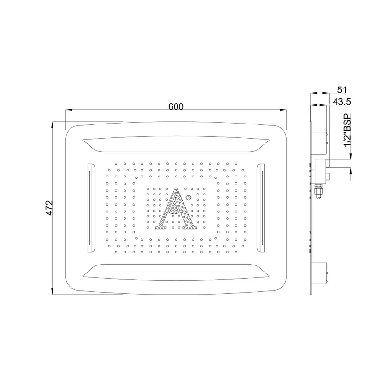 Верхняя душевая лейка Rainjoy 600x472  мм AISI 304 нержавеющая сталь, хром, дистанционное управление — вид сверху на панель