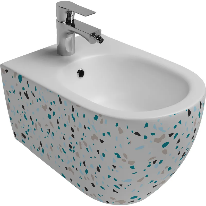 Биде подвесное Isvea Infinity Terrazzo белый матовый — вид под углом с установленным смесителем