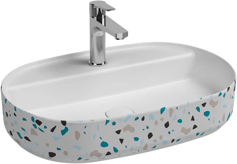 Раковина накладная Isvea Infinity Terrazzo 60 см, белый матовый — вид под углом с краном