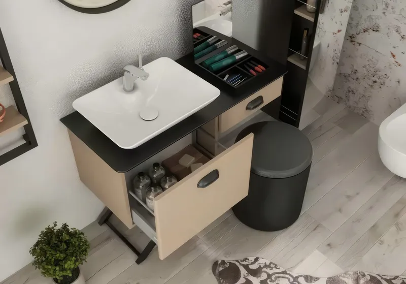 Зеркало косметическое с органайзером ISVEA Bei 26, 21BE4064000I, для установки на столешницу, черный — вид под углом