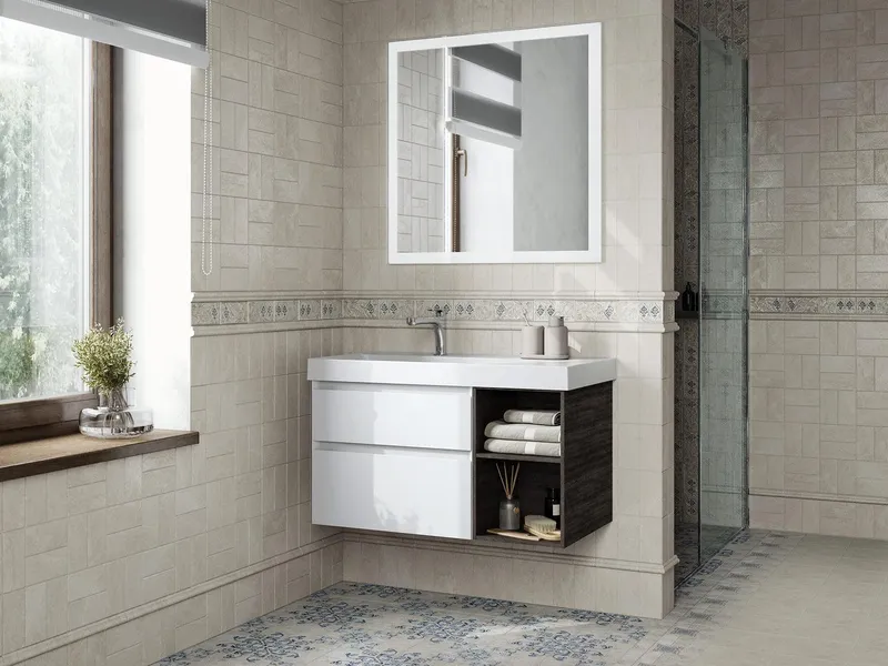 Тумба KERAMA MARAZZI Cubo левая подвесная с ящиками 90, белая глянцевая-древесная