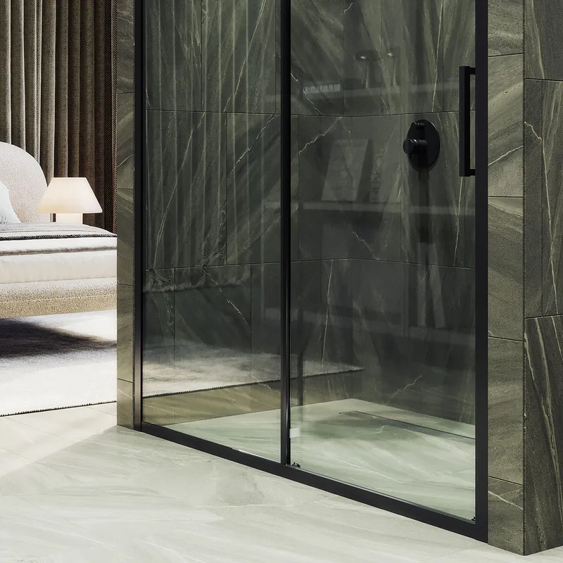 Душевая дверь MaybahGlass раздвижная 150x195 см, стекло прозрачное/черный — в ванной комнате с темно-серыми стенами