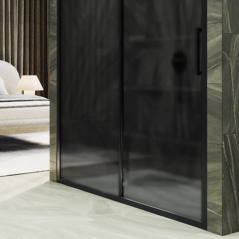 Душевая дверь MaybahGlass раздвижная 150x195 см, стекло графит матовый/черный — в ванной комнате с темно-серыми стенами
