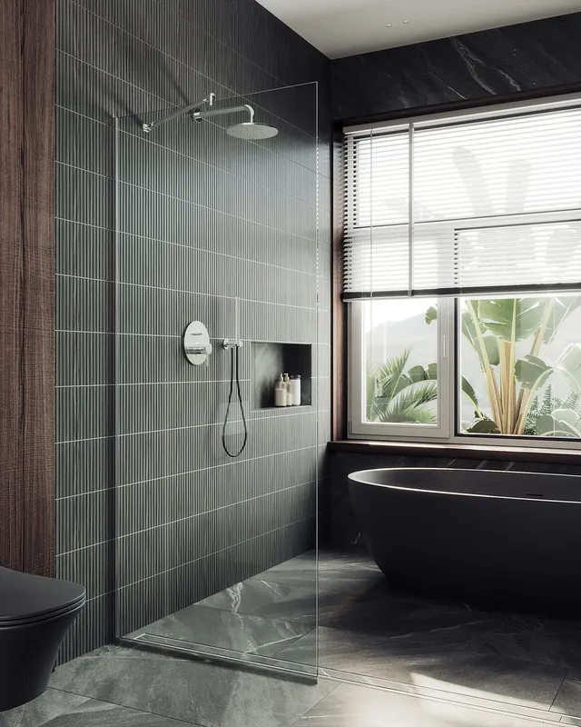 Душевая перегородка MaybahGlass в узком профиле, 195x1190 см, прозрачное стекло/хром матовый — в ванной с серой плиткой и черной ванной