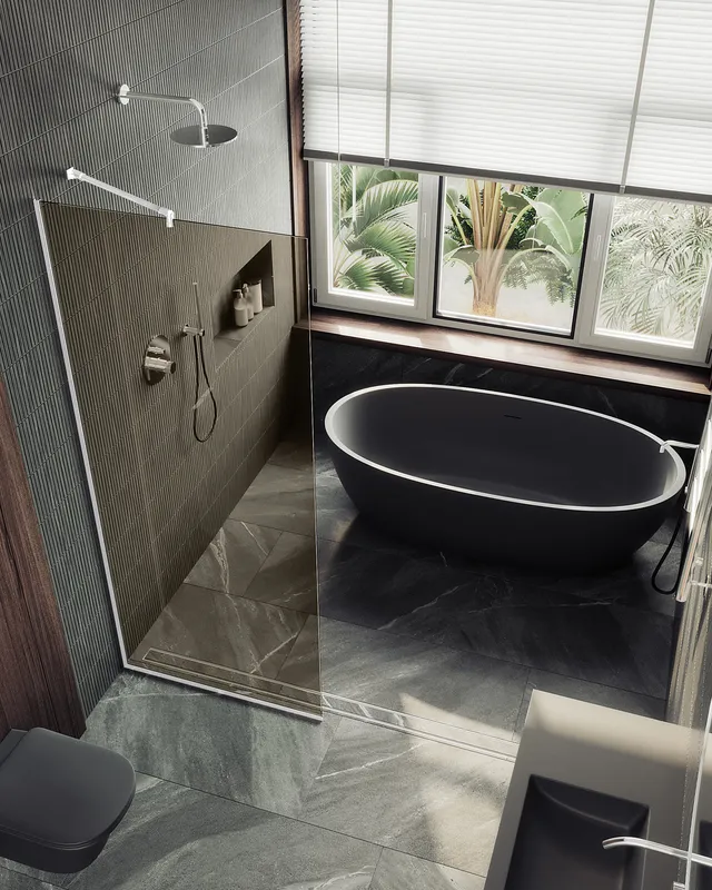 Душевая перегородка MaybahGlass в узком профиле, 195x1190 см, стекло бронза/белый — на серой стене с окном и черной ванной