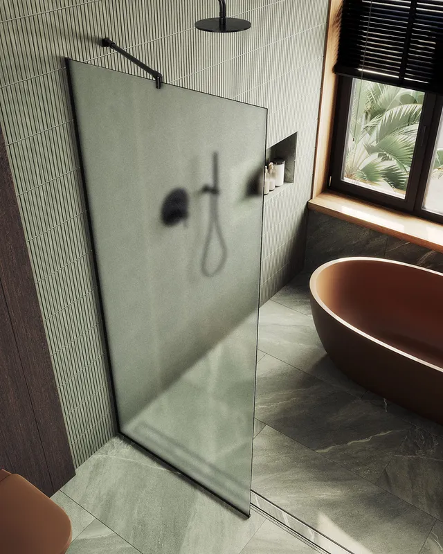 Душевая перегородка MaybahGlass в узком профиле, 195x1190 см, стекло сатин/черный — изделие в ванной с панорамным окном и терракотовой ванной