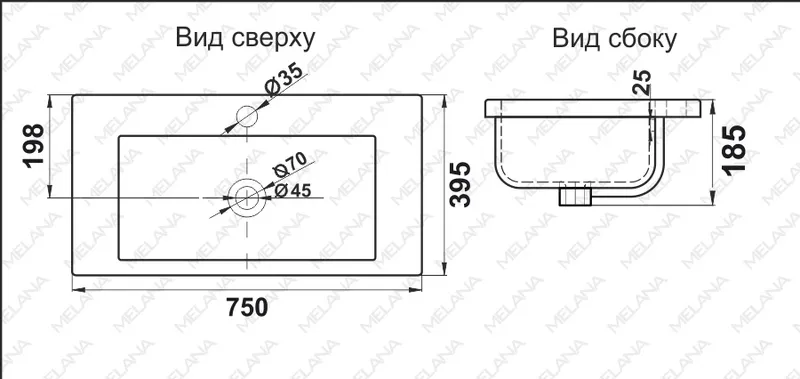 Раковина полувстраемая Melana MLN-S75, 75 см — вид под углом с краном
