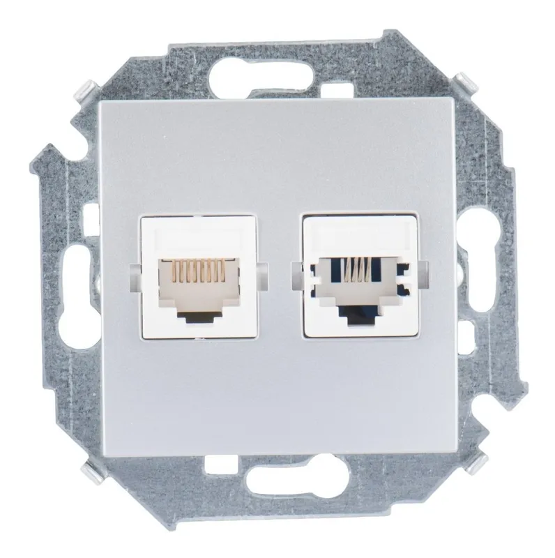 Розетка компьютерная Simon 15 + телефонная RJ11+RJ45 кат.5е, алюминий — вид спереди на механизм