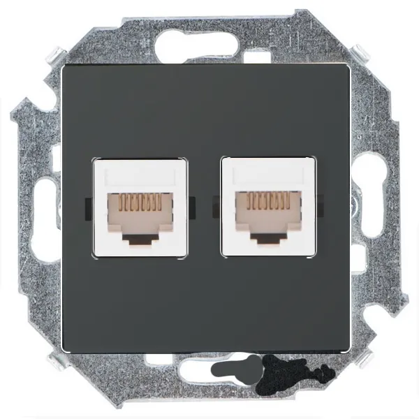 Розетка компьютерная Simon 15, 2хRJ45, кат.5е, Systimax, графит — вид спереди на монтажную рамку