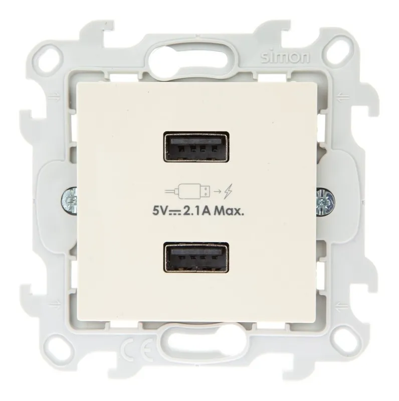 Зарядное устройство Simon 24 Harmonie 2хUSB 2.4A, слоновая кость — вид спереди на панель с портами