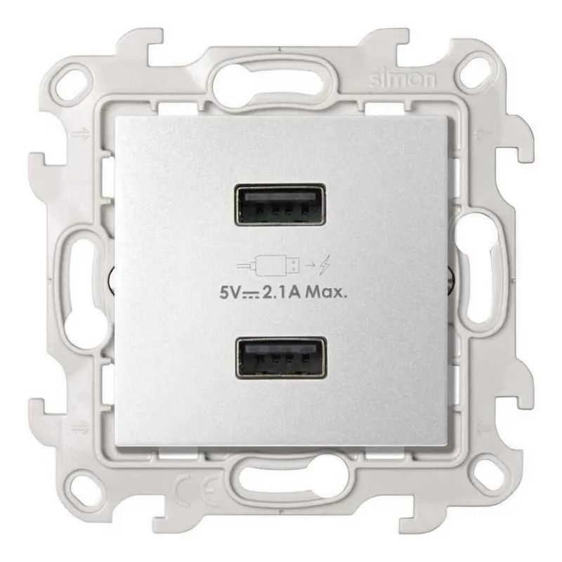Зарядное устройство Simon 24 Harmonie 2хUSB 5В 2.4A 230В, двойная, алюминий — вид спереди на панель с портами