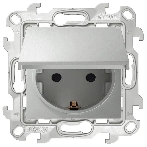 Розетка Simon 24 Harmonie Schuko 2Р+Е 16A 250В, со шторками, с крышкой, заземлением, IP44, алюминий — вид спереди на устройство с открытой крышкой