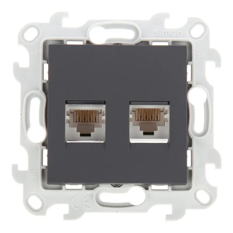 Розетка компьютерная Simon 24 Harmonie 2хRJ45, кат. 5е, UTP, графит — вид спереди на двойной разъем