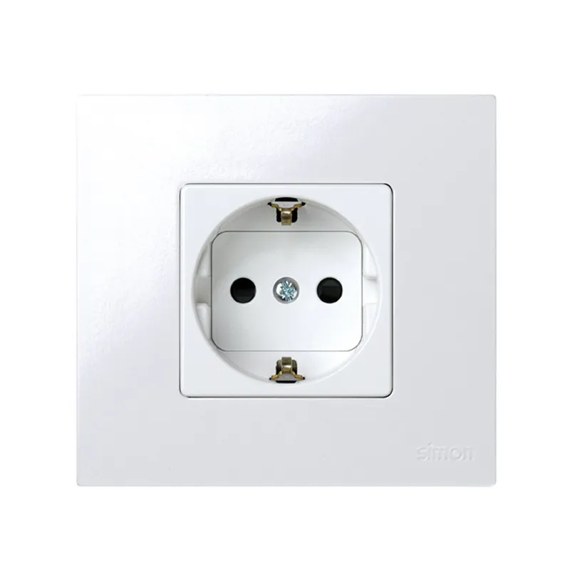 Розетка Simon 27 Schuko, 2Р+Е, со шторками, винтовой зажим, 10/16 А 250 В, механизм, белый — вид спереди