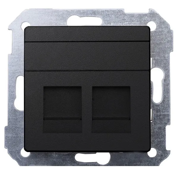 Адаптер Simon 82, со шторками на 2 коннектора UTP (RJ45) FTP (RJ45) RJ12 AMP, графит — вид спереди на лицевую панель