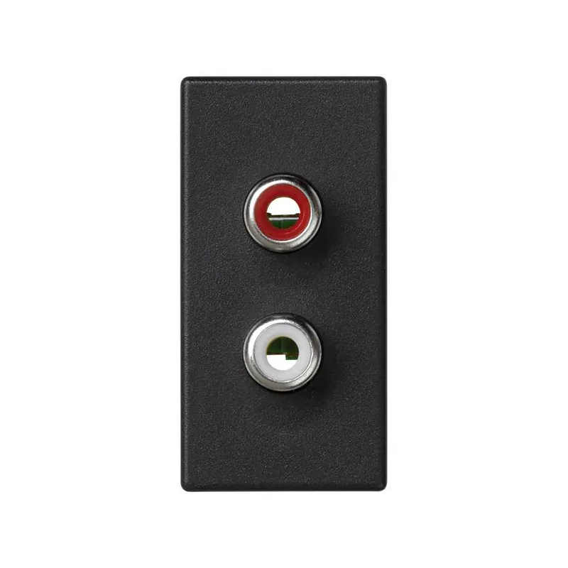 Плата Simon Connect, с двумя разъёмами RCA, винты, графит, 22,5х45 мм — вид сверху на модуль