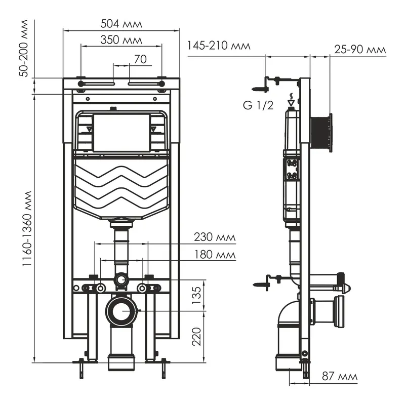 Инсталляция Wasserkraft Dinkel для унитаза — рама с бачком вид спереди