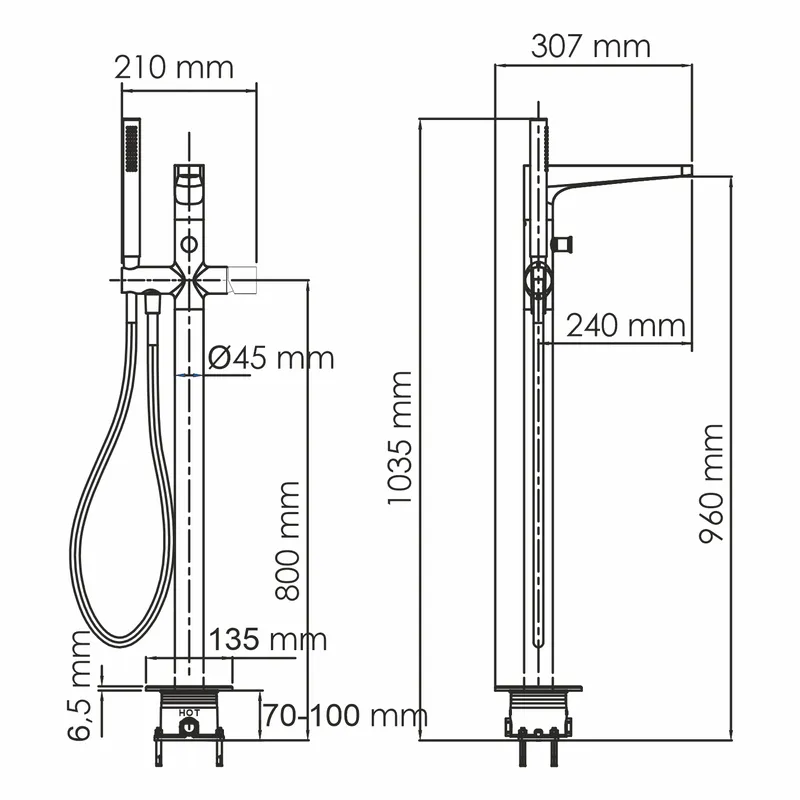 Смеситель для ванны Wasserkraft Sauer 7100 — вид сбоку под углом