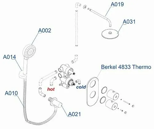 Душевая система Wasserkraft Berkel с термостатом, с изливом и верхним душем — комплект с лейкой и термостатом