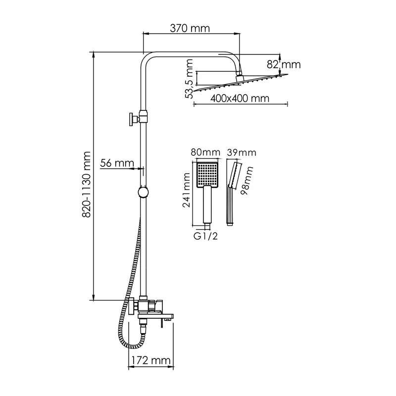 Душевая система Wasserkraft Aller со смесителем, тропический душ + лейка — полный комплект с видом спереди