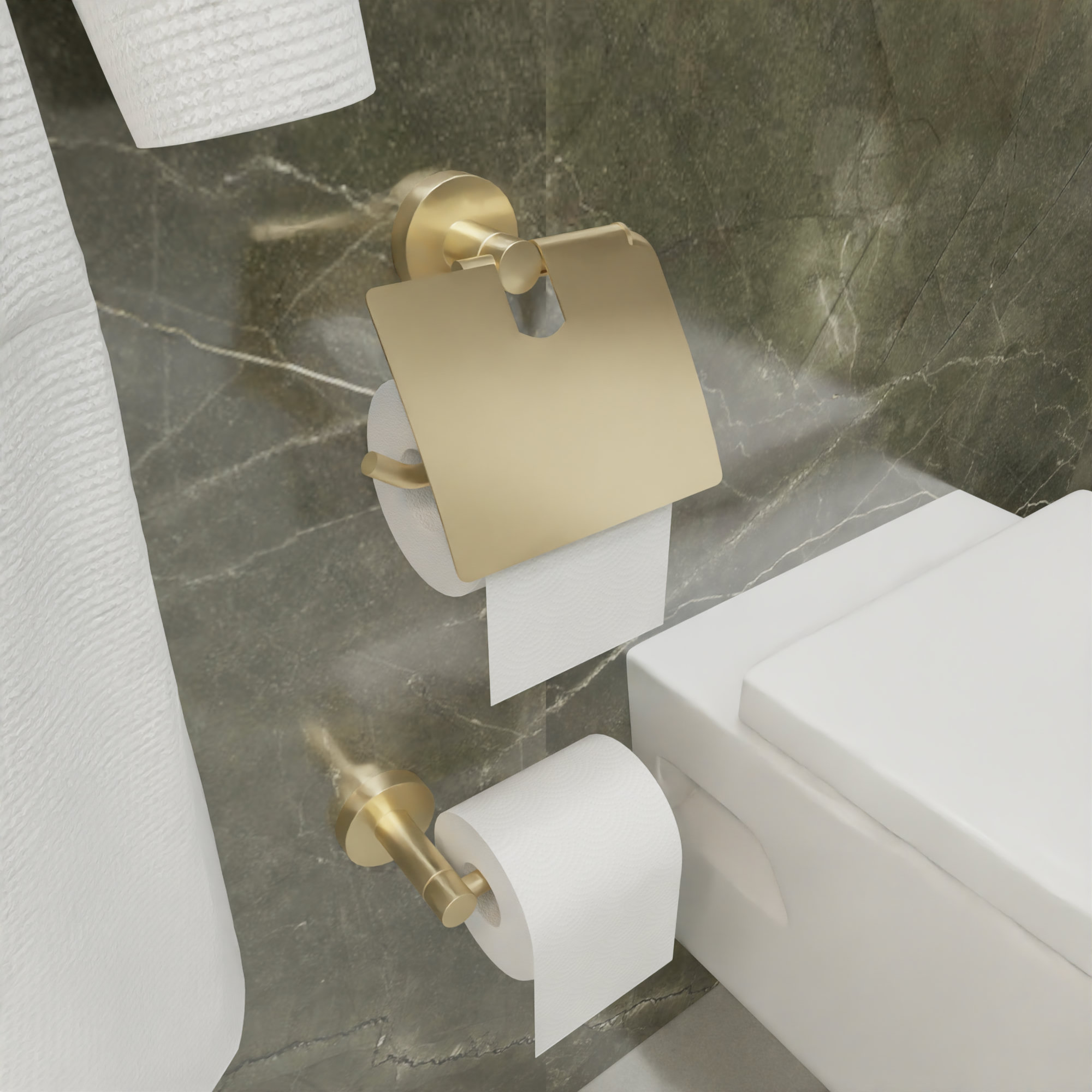 Держатель туалетной бумаги Fixsen Comfort gold — на серой мраморной стене
