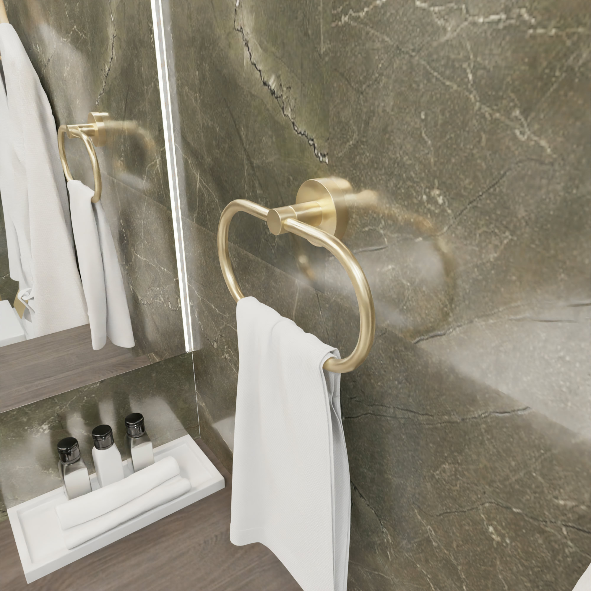 Держатель для полотенца Fixsen Comfort gold кольцо — на стене из зеленого мрамора