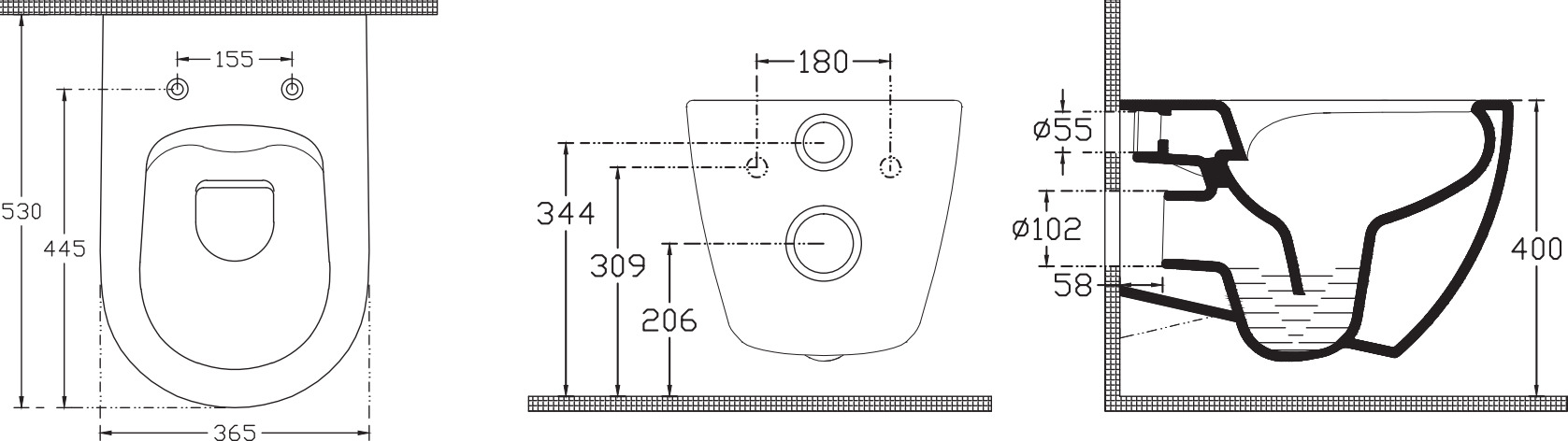 Унитаз подвесной Isvea Infinity белый — чертёж с размерами и тремя проекциями