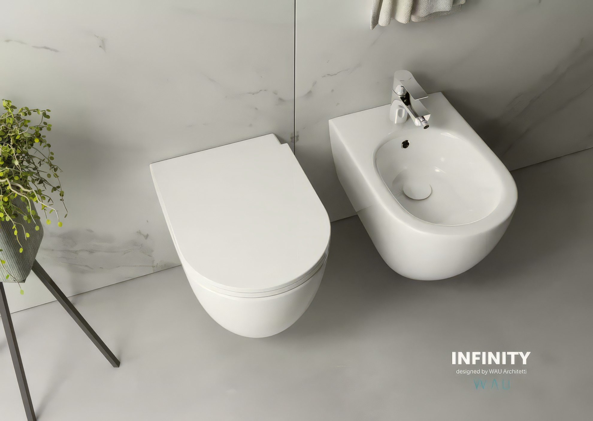 Биде подвесное Isvea Infinity белый — рекламный баннер коллекции с надписью