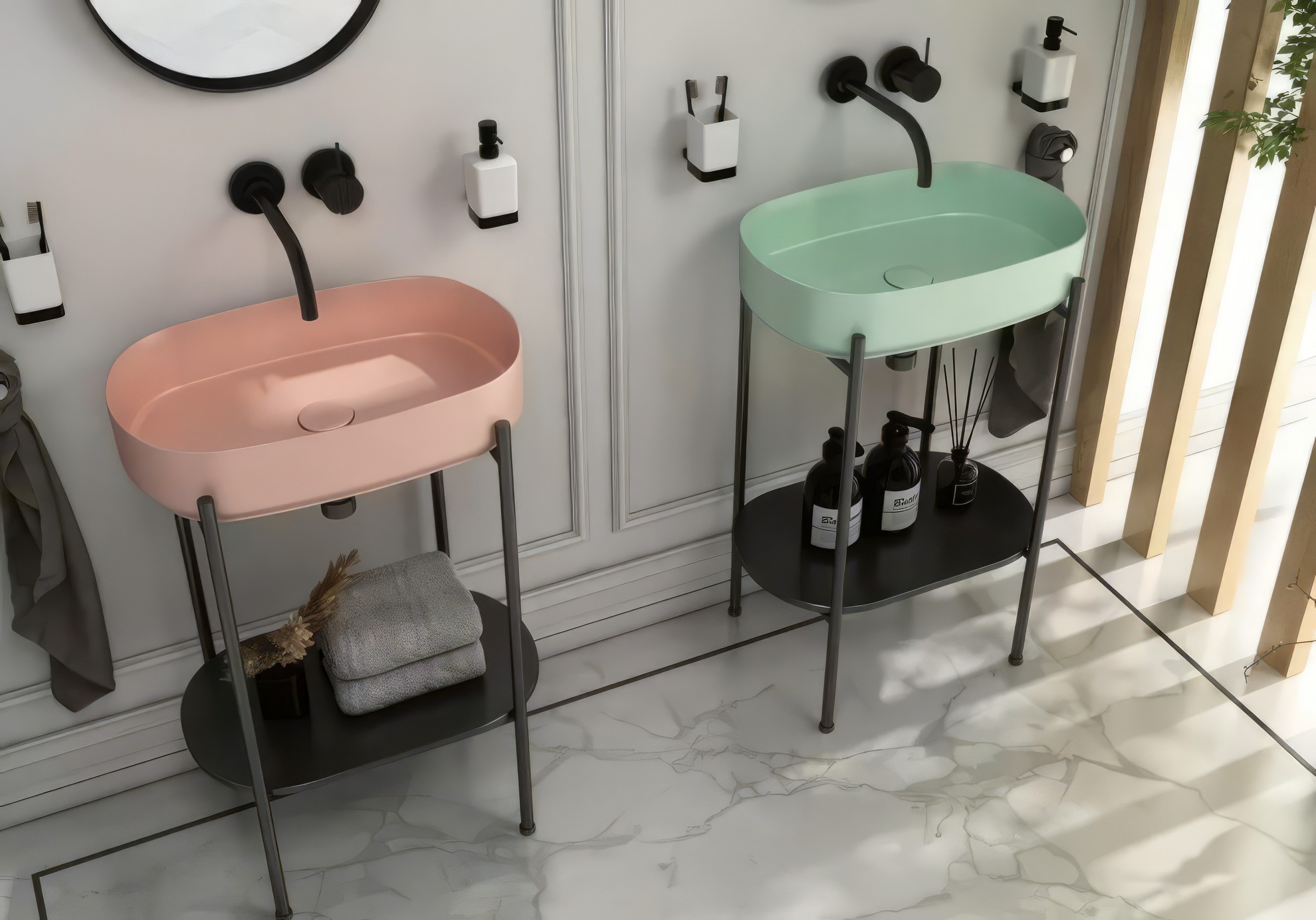 Раковина накладная Isvea Infinity 55х36 см, без отверстия под смеситель, мятно-зеленый — две чаши на тонких ножках у белой стены