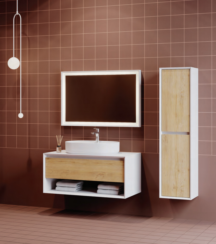 Раковина накладная Isvea Infinity 60 см, белый матовый — на коричневой плитке с зеркалом и шкафом