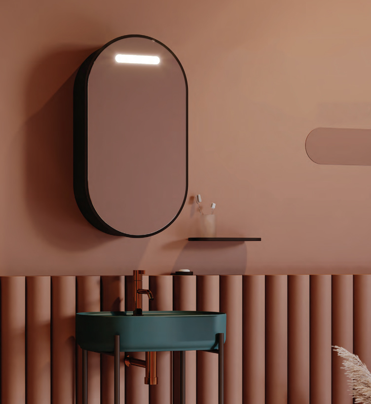 Раковина накладная Isvea Infinity 60 см, изумрудный — у розовой стены с зеркалом и декором