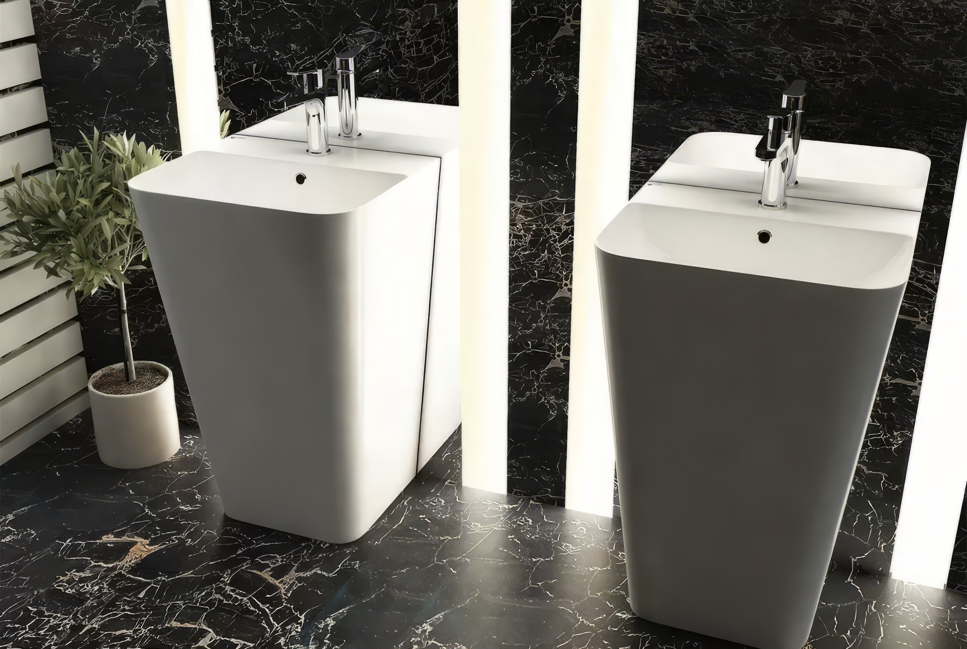 Раковина напольная Isvea Sott'Aqua Monoblock 50 см, белый — две сантехники у черной стены с вертикальными полосами