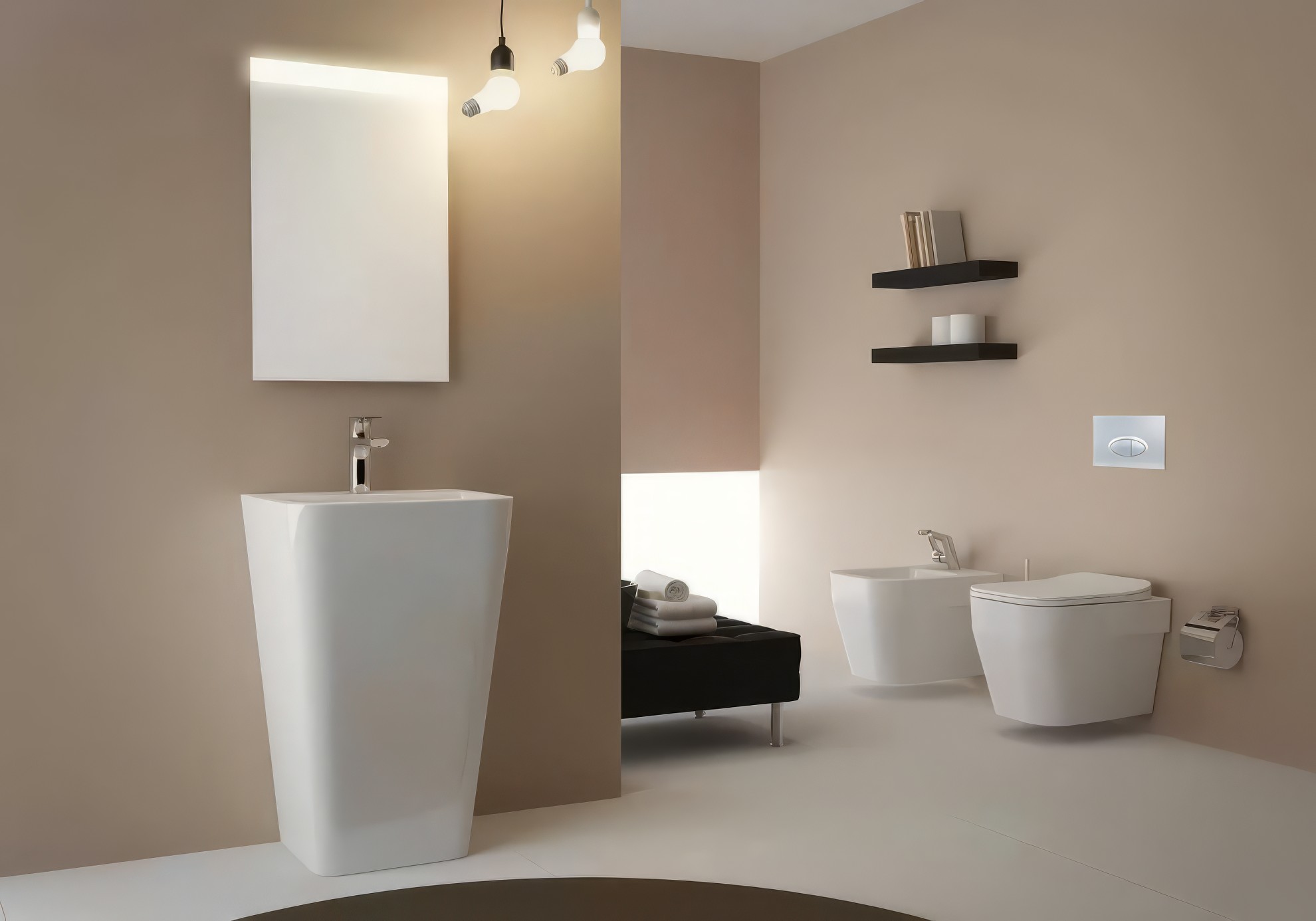 Раковина напольная Isvea Sott'Aqua Monoblock 50 см, белый — у бежевой стены с зеркалом и полками