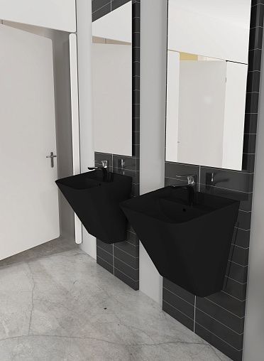 Раковина подвесная Isvea Sott'Aqua Monoblock 50 см, антрацит — на серой плитке с зеркалами