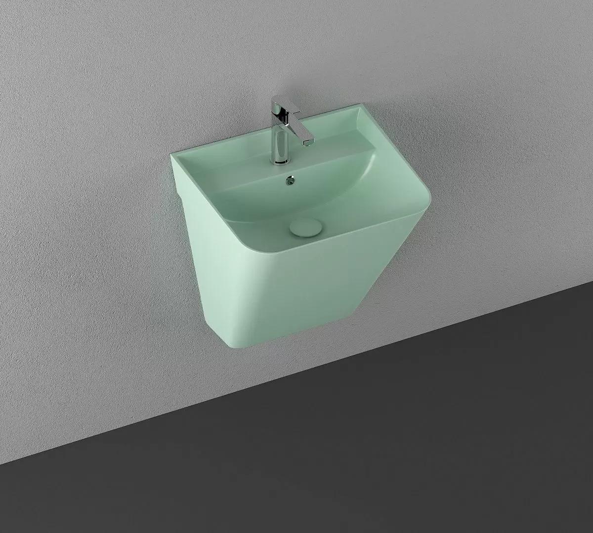 Раковина подвесная Isvea Sott'Aqua Monoblock 50 см, мятно-зеленый — на серой стене с видом под углом