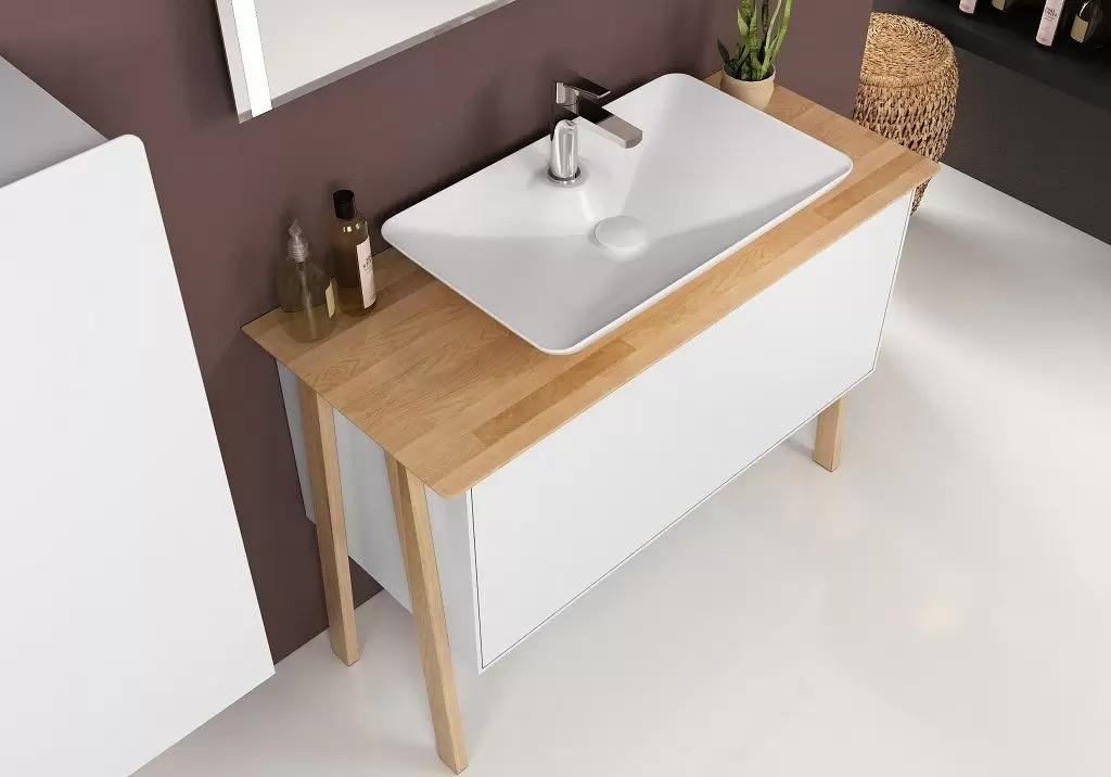 Раковина накладная Isvea SistemaY 65 см, белый — на коричневой стене с деревянной тумбой