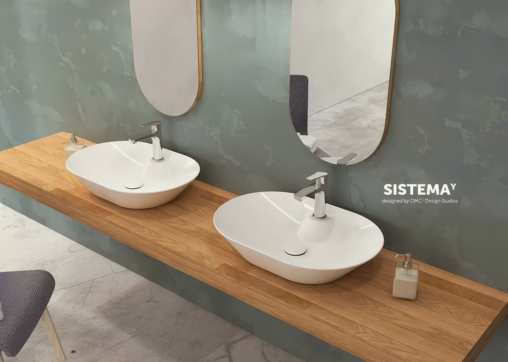 Раковина накладная Isvea SistemaY Soft 60 см, белый — две чаши на деревянной столешнице у серой стены