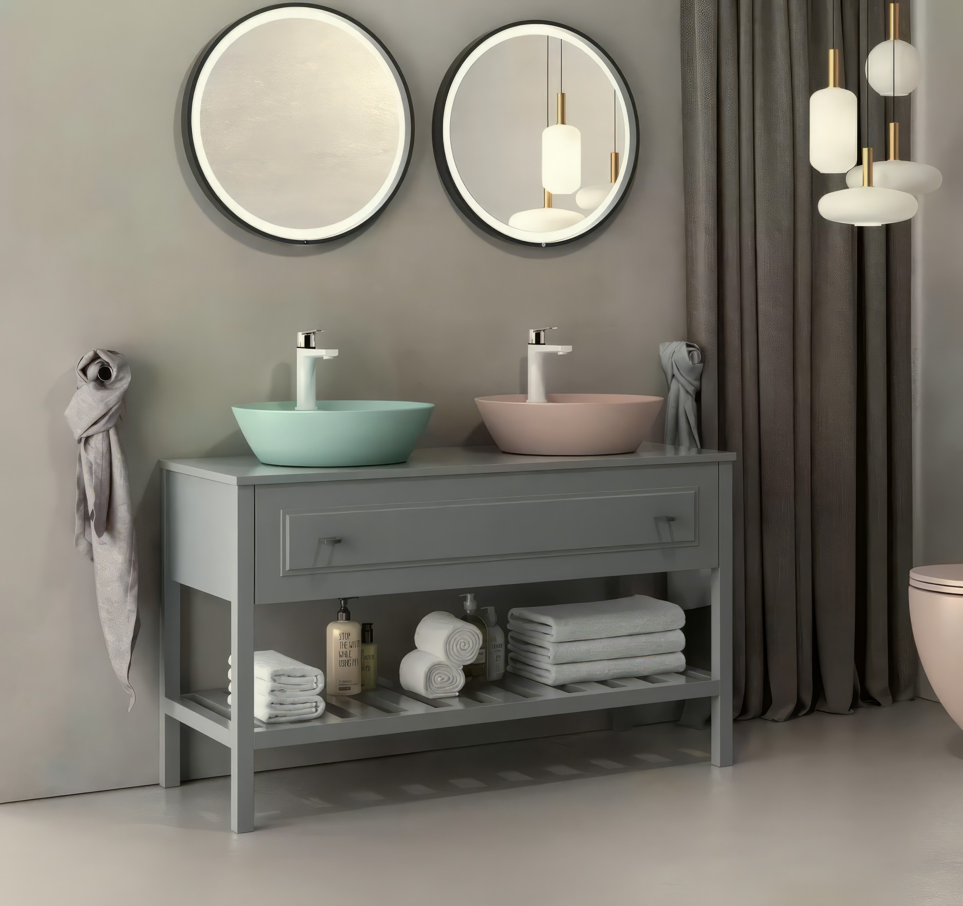 Раковина накладная Isvea SistemaY Soft 45 см, мятно-зеленый — пара чаш на серой стене с зеркалами