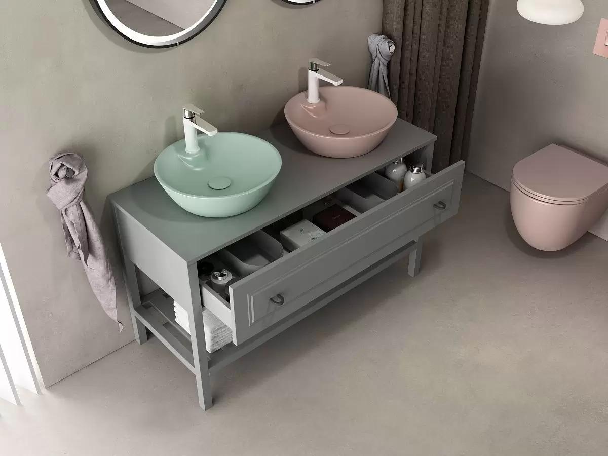 Раковина накладная Isvea SistemaY Soft 45 см, мятно-зеленый — две чаши на серой тумбе в ванной комнате