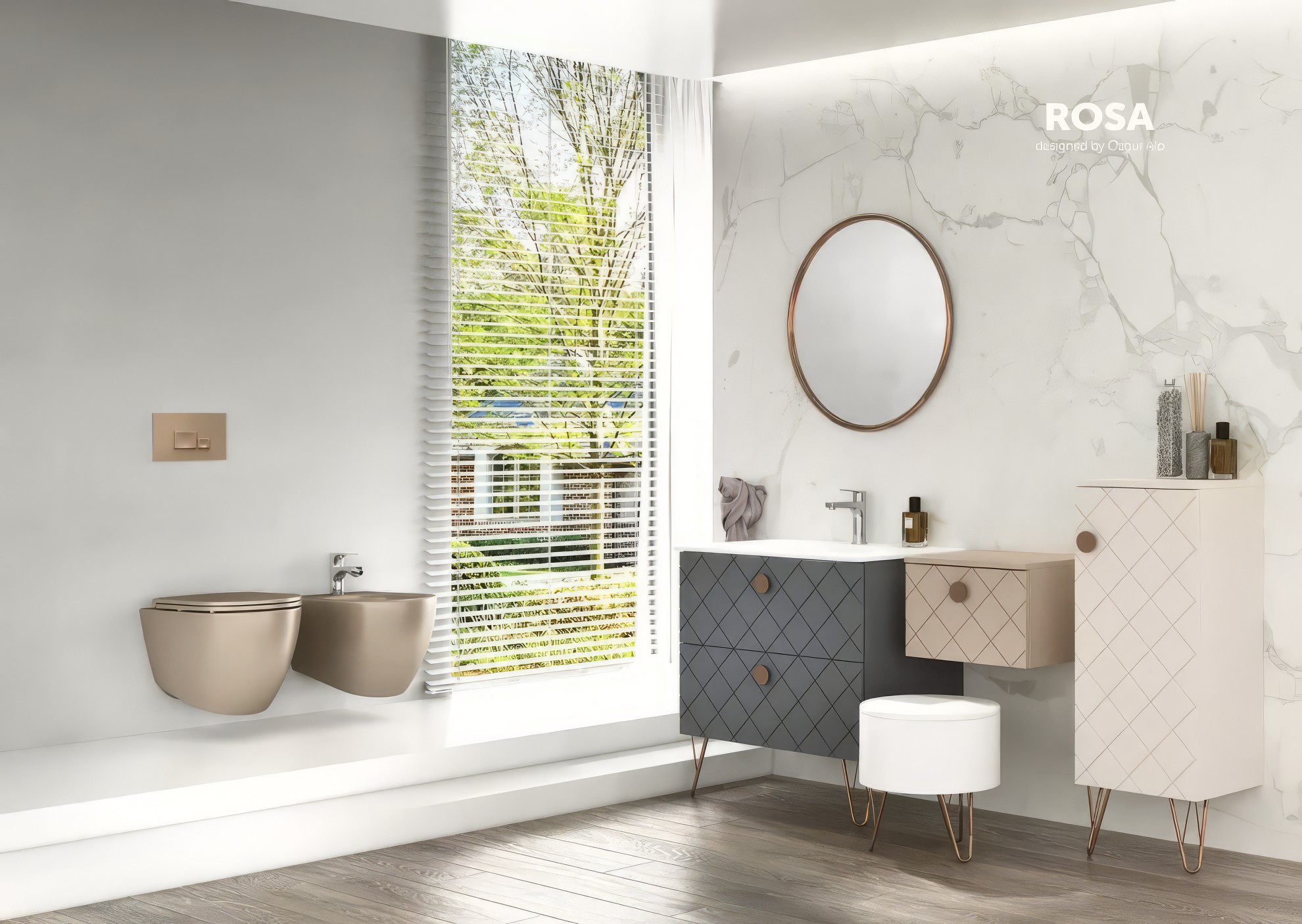 Зеркало круглое ISVEA Rosa 70, 29RA4001080I, медный — на стене с мраморным узором