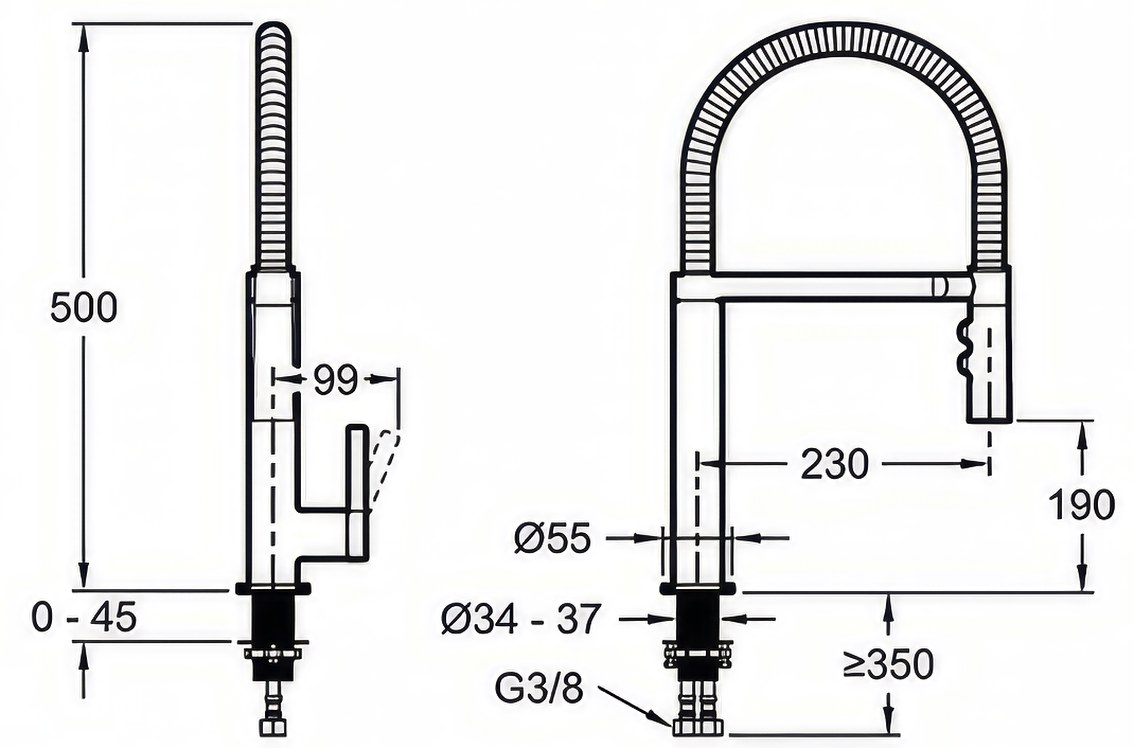 Смеситель для кухни Jacob Delafon Spirale с гибким изливом — чертёж с размерами
