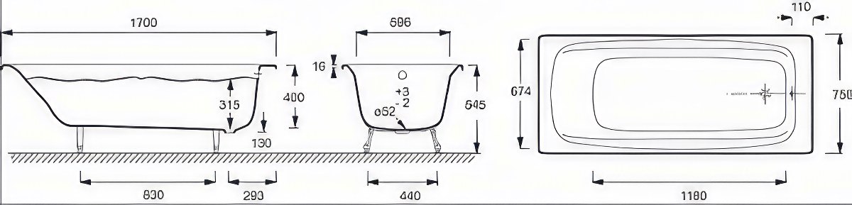 Чугунная ванна Jacob Delafon Diapason 170х75 см — чертёж с размерами изделия