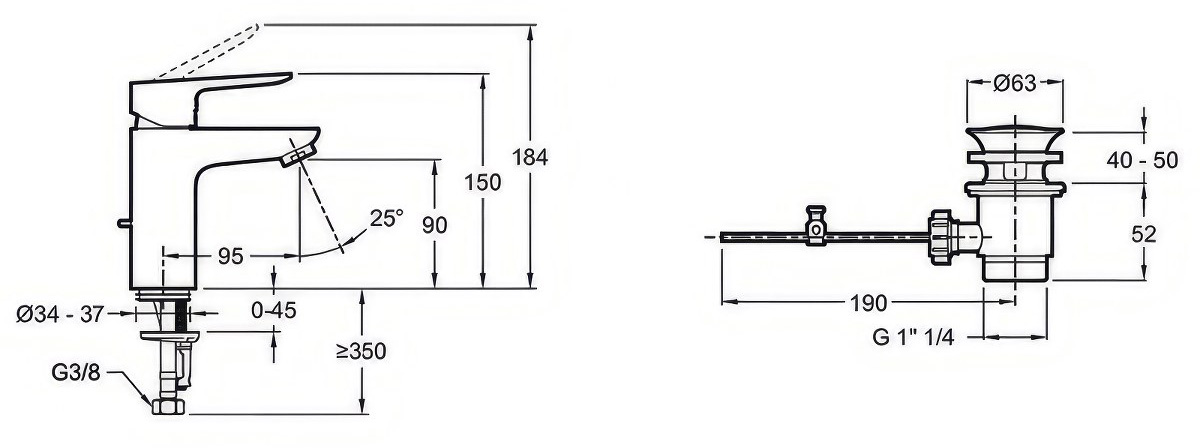 Смеситель для раковины Jacob Delafon Oscar — чертёж с размерами и проекциями