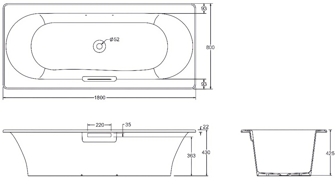 Чугунная ванна Jacob Delafon Volute 180x80 см — чертёж с размерами и проекциями