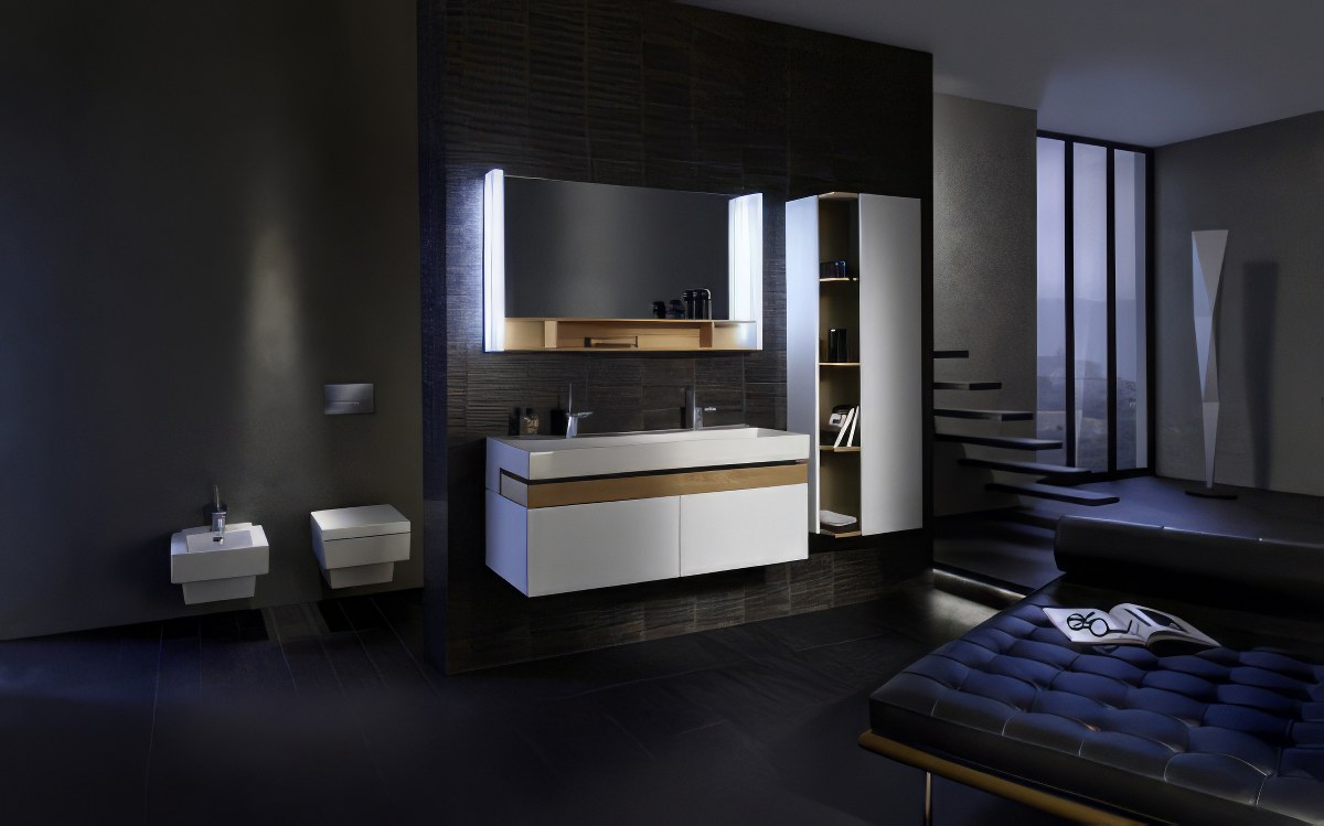 Унитаз подвесной Jacob Delafon Terrace — на темной текстурной стене с белой мебелью
