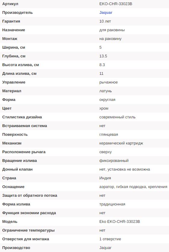 Смеситель для раковины Jaquar Eko — информационная таблица с характеристиками