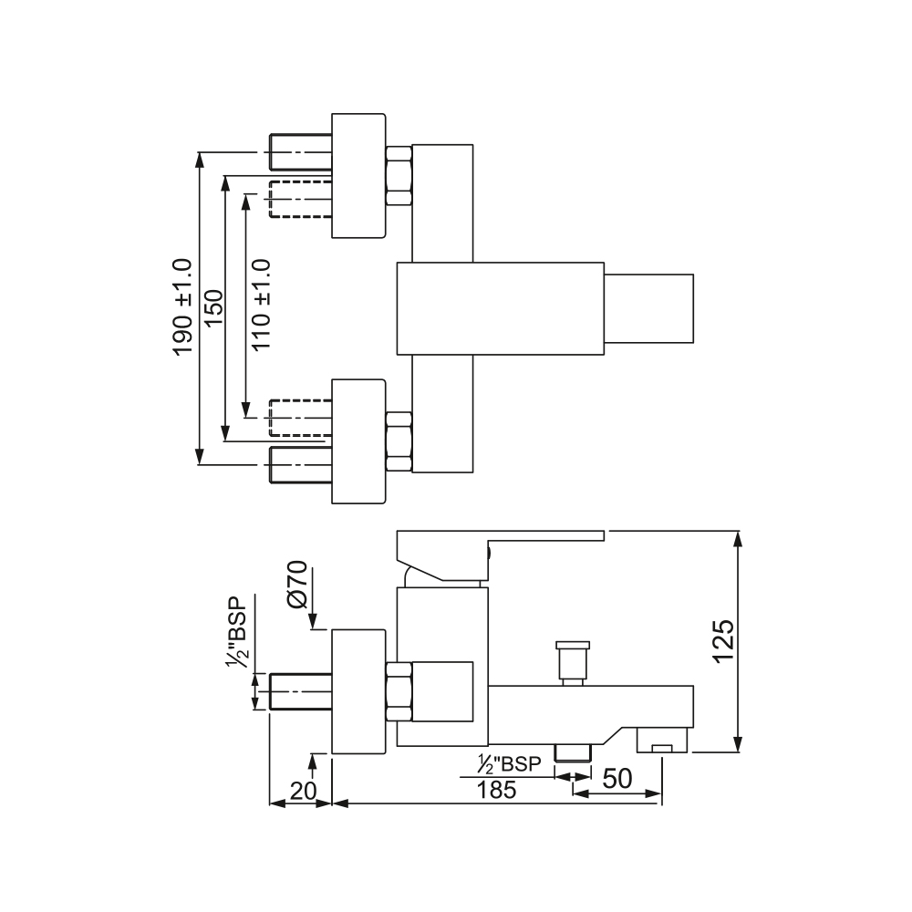 Смеситель для ванны и душа Jaquar Kubix-F KUB-CHR-35119F — чертёж с размерами