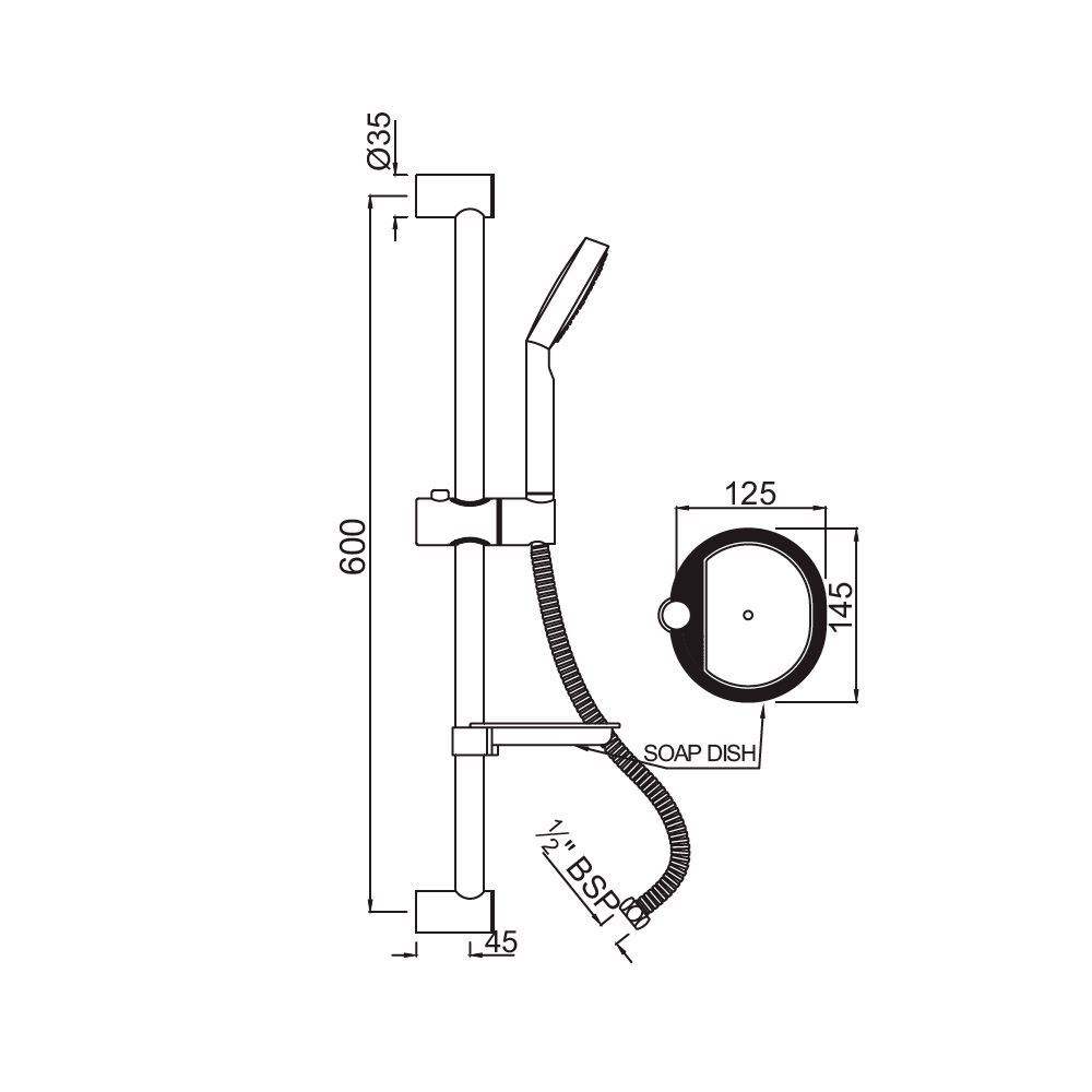 Душевой гарнитур Jaquar Shower SHA-CHR-1110EF со штангой, лейкой + мыльница, хром — чертёж с размерами