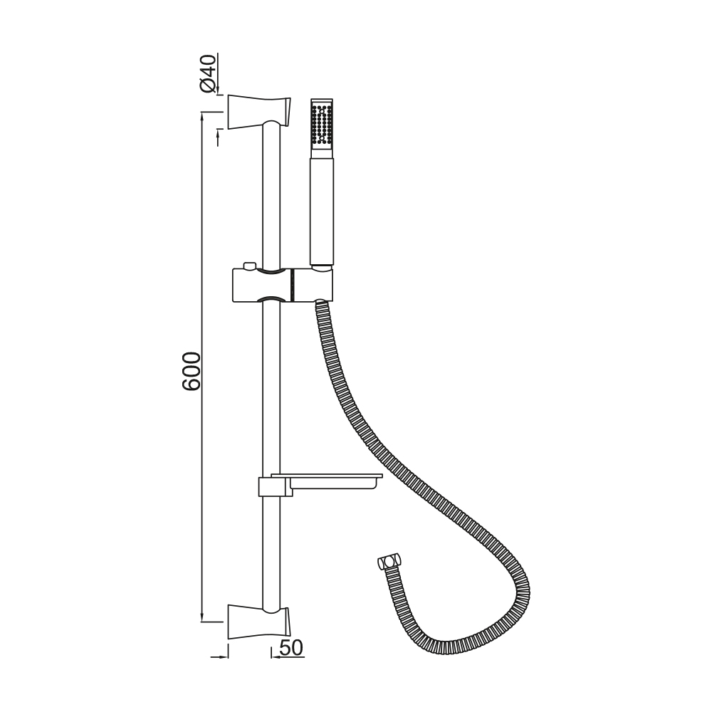 Душевой гарнитур Jaquar Shower SHA-CHR-1110FHS со штангой, лейка + мыльница, хром — чертёж с размерами