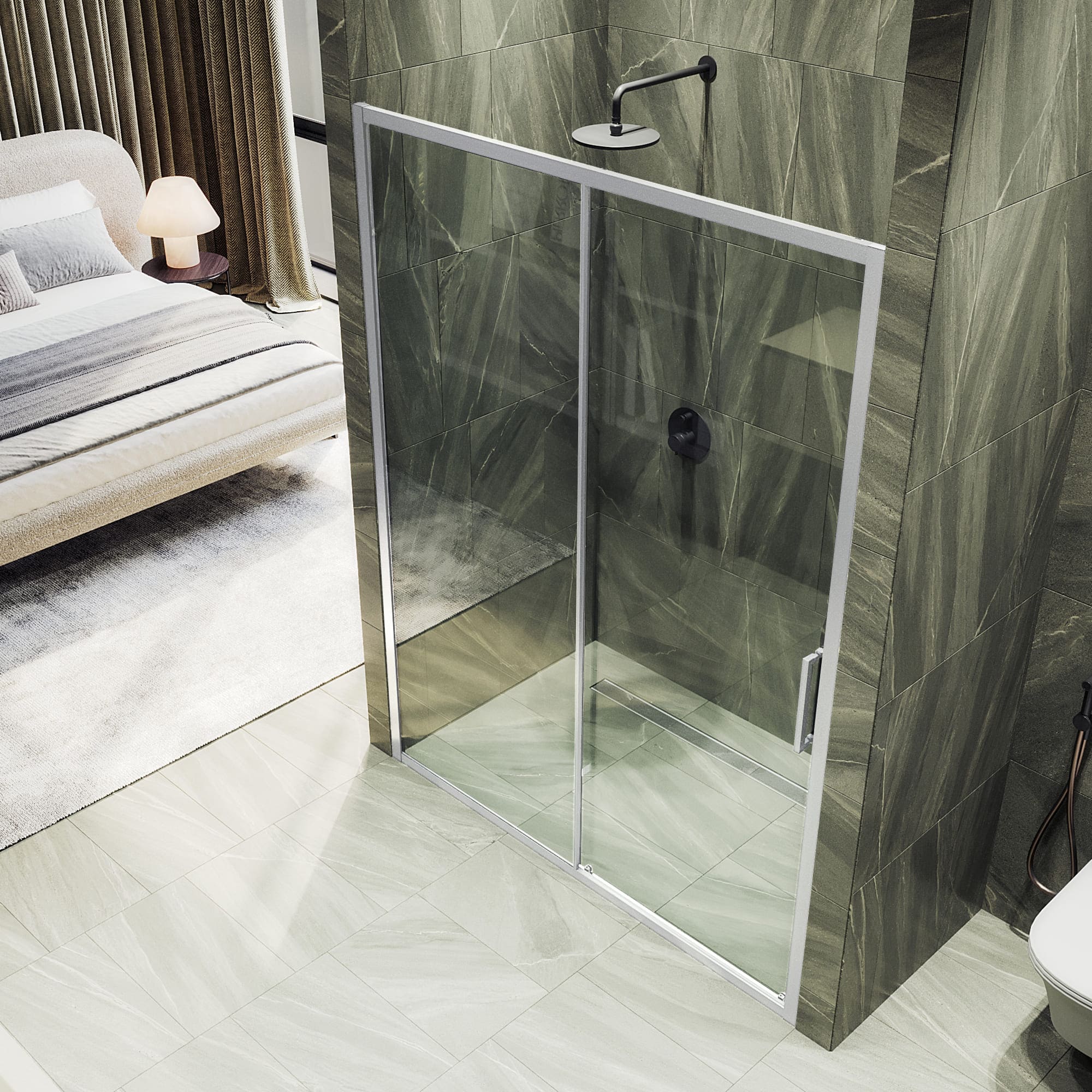 Душевая дверь MaybahGlass раздвижная 150x195 см, стекло прозрачное/хром матовый — в ванной комнате с плиткой под мрамор